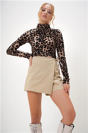 Kadın Bej Bağlama Detaylı Gabardin Mini Şort Etek ALC-X13131