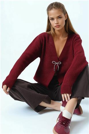 Kadın Bordo Bağlamalı Uzun Kollu Triko Bluz VS01057