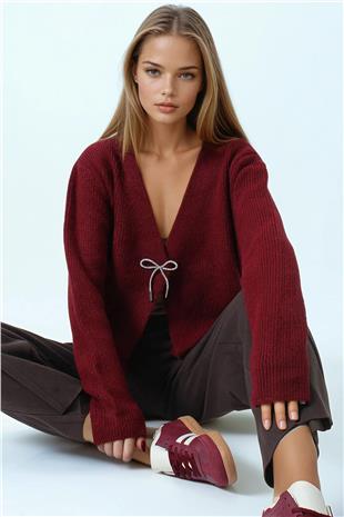 Kadın Bordo Bağlamalı Uzun Kollu Triko Bluz VS01057