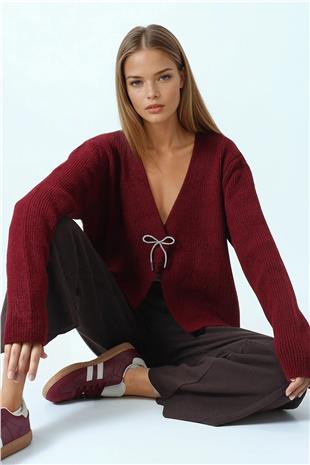 Kadın Bordo Bağlamalı Uzun Kollu Triko Bluz VS01057