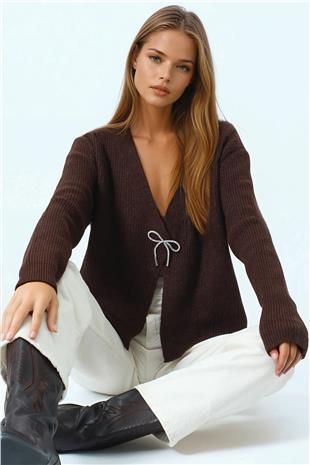 Kadın Kahverengi Bağlamalı Uzun Kollu Triko Bluz VS01057