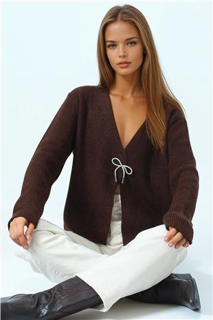 Kadın Kahverengi Bağlamalı Uzun Kollu Triko Bluz VS01057