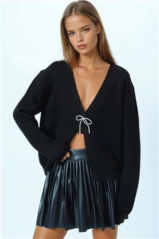Kadın Siyah Bağlamalı Uzun Kollu Triko Bluz VS01057