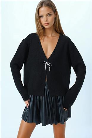 Kadın Siyah Bağlamalı Uzun Kollu Triko Bluz VS01057