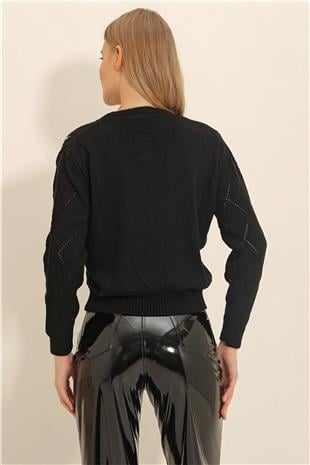 Kadın Siyah Baklava Desenli Çiçek Nakışlı Triko Hırka ALC-X8993