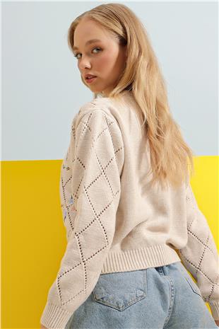 Kadın Bej Baklava Desenli Çiçek Nakışlı Triko Hırka ALC-X8993