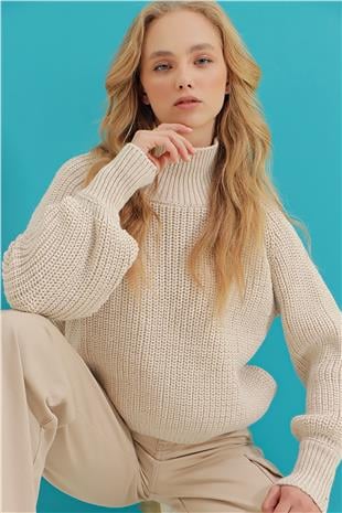 Kadın Bej Balıkçı Yaka Balon Kollu Selanik Örgü Kalın Kazak ALC-X9388