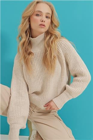 Kadın Bej Balıkçı Yaka Balon Kollu Selanik Örgü Kalın Kazak ALC-X9388