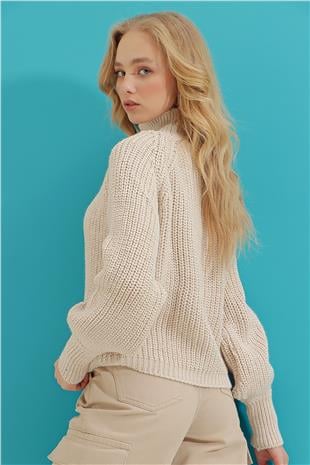 Kadın Bej Balıkçı Yaka Balon Kollu Selanik Örgü Kalın Kazak ALC-X9388