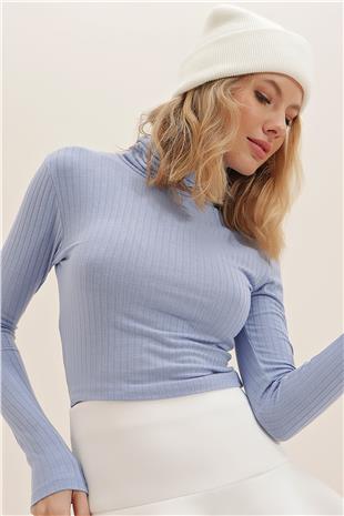 Balıkçı Yaka Fitilli Basic Crop Body Bluz - Mavi