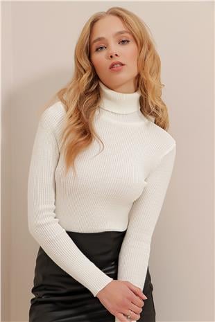 Kadın Ekru Balıkçı Yaka Fitilli Triko Kazak ALC-X9381