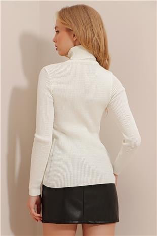 Kadın Ekru Balıkçı Yaka Fitilli Triko Kazak ALC-X9381