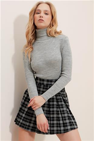 Kadın Gri Balıkçı Yaka Fitilli Triko Kazak ALC-X9381