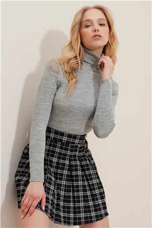 Kadın Gri Balıkçı Yaka Fitilli Triko Kazak ALC-X9381