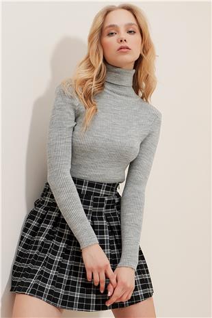 Kadın Gri Balıkçı Yaka Fitilli Triko Kazak ALC-X9381