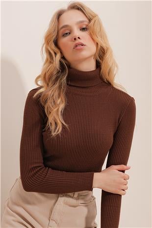 Kadın Kahverengi Balıkçı Yaka Fitilli Triko Kazak ALC-X9381