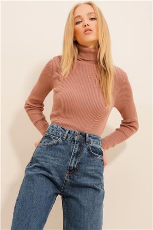 Kadın Pudra Pembesi Balıkçı Yaka Fitilli Triko Kazak ALC-X9381