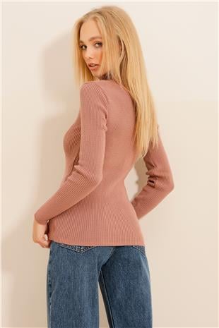 Kadın Pudra Pembesi Balıkçı Yaka Fitilli Triko Kazak ALC-X9381