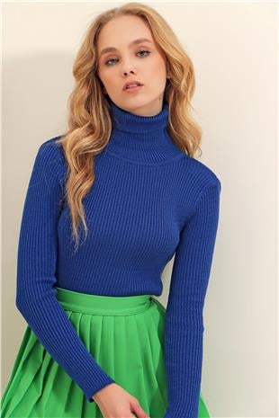 Kadın Saks Mavisi Balıkçı Yaka Fitilli Triko Kazak ALC-X9381
