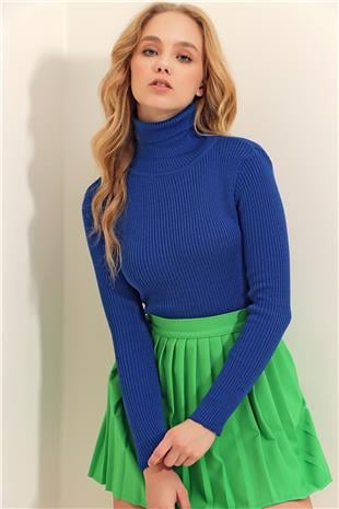 Kadın Saks Mavisi Balıkçı Yaka Fitilli Triko Kazak ALC-X9381