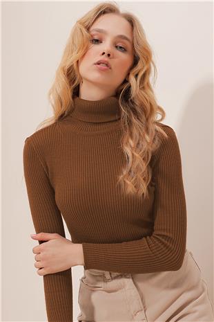 Kadın Sütlü Kahve Balıkçı Yaka Fitilli Triko Kazak ALC-X9381