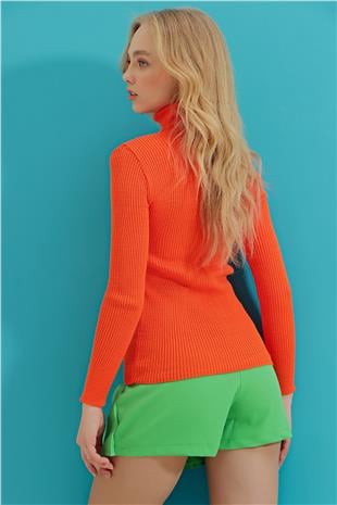 Kadın Turuncu Balıkçı Yaka Fitilli Triko Kazak ALC-X9381