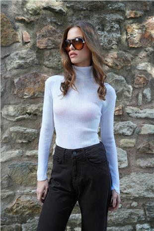 Kadın Beyaz Balıkçı Yaka Fitilli Uzun Kollu Triko Kazak VS01202
