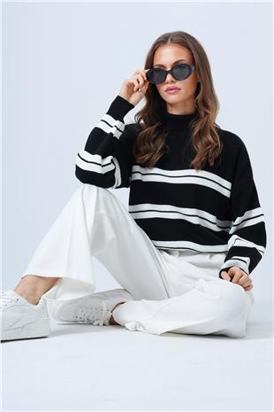 Kadın Siyah Balıkçı Yaka Kalom Çizgili Uzun Kollu Triko Kazak VS01325