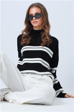 Kadın Siyah Balıkçı Yaka Kalom Çizgili Uzun Kollu Triko Kazak VS01325