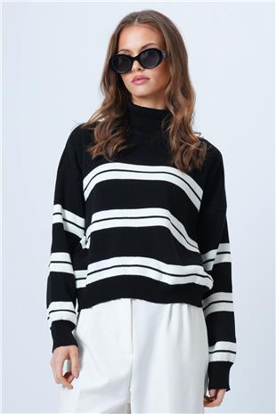 Kadın Siyah Balıkçı Yaka Kalom Çizgili Uzun Kollu Triko Kazak VS01325