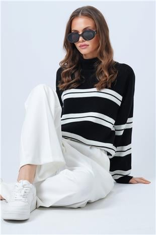 Kadın Siyah Balıkçı Yaka Kalom Çizgili Uzun Kollu Triko Kazak VS01325