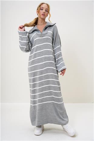 Kadın Gri Balıkçı Yaka Yarım Fermuarlı Oversize Maxi Boy Elbise ALC-X12993