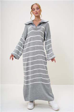 Kadın Gri Balıkçı Yaka Yarım Fermuarlı Oversize Maxi Boy Elbise ALC-X12993