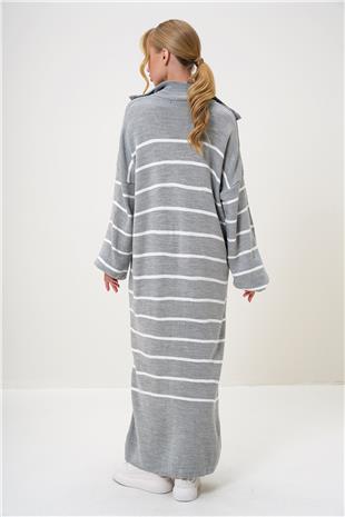 Kadın Gri Balıkçı Yaka Yarım Fermuarlı Oversize Maxi Boy Elbise ALC-X12993