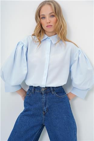 Kadın Bebe Mavi Balon Kol Gizli Patlı Basic Poplin Gömlek ALC-X9654