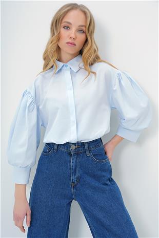 Kadın Bebe Mavi Balon Kol Gizli Patlı Basic Poplin Gömlek ALC-X9654