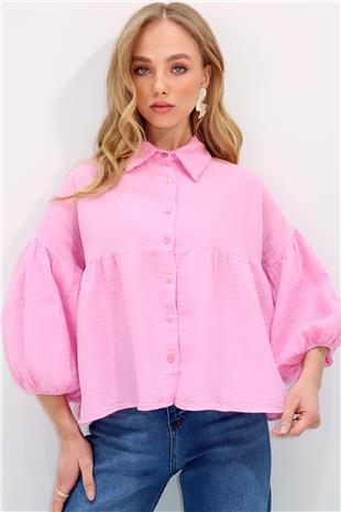 Kadın Pembe Balon Kol Lastikli Eteği Volanlı Keten Gömlek ALC-X13507