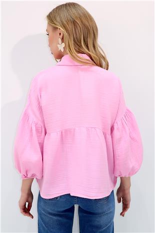Kadın Pembe Balon Kol Lastikli Eteği Volanlı Keten Gömlek ALC-X13507