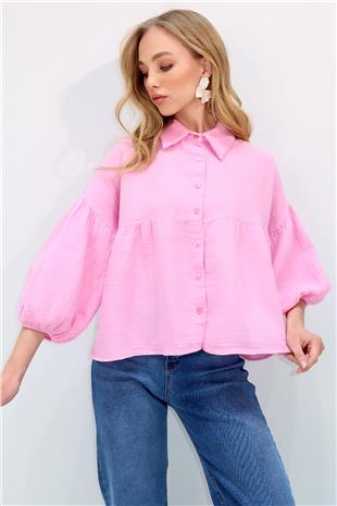 Kadın Pembe Balon Kol Lastikli Eteği Volanlı Keten Gömlek ALC-X13507