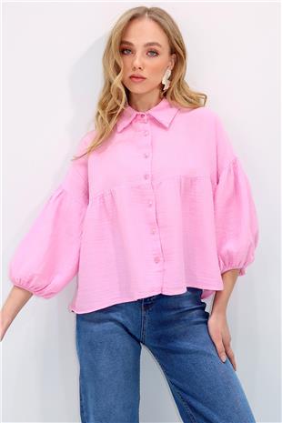 Kadın Pembe Balon Kol Lastikli Eteği Volanlı Keten Gömlek ALC-X13507