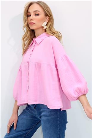 Kadın Pembe Balon Kol Lastikli Eteği Volanlı Keten Gömlek ALC-X13507
