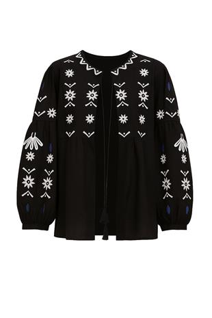 Kadın Siyah Balon Kol Nakışlı Ceket ALC-X10541