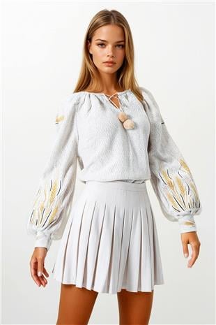 Kadın Bej Başak Nakışlı Bağcıklı Püskül Detaylı Bohem Bluz VS00861