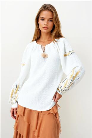 Kadın Beyaz Başak Nakışlı Bağcıklı Püskül Detaylı Bohem Bluz VS00861
