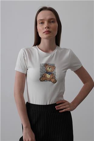 Kadın Ekru Baskı Detaylı T-Shirt VS00514