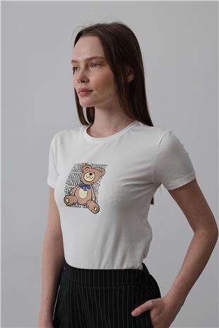 Kadın Ekru Baskı Detaylı T-Shirt VS00514