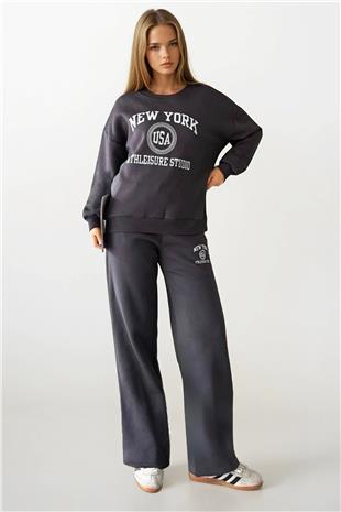 Kadın Antrasit Baskılı Oversize Sweatshirt Ve Geniş Paça  3 İplik Eşofman Takım VS01403