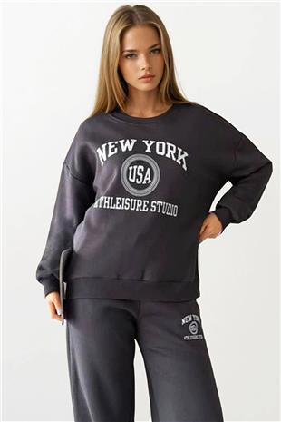 Kadın Antrasit Baskılı Oversize Sweatshirt Ve Geniş Paça  3 İplik Eşofman Takım VS01403