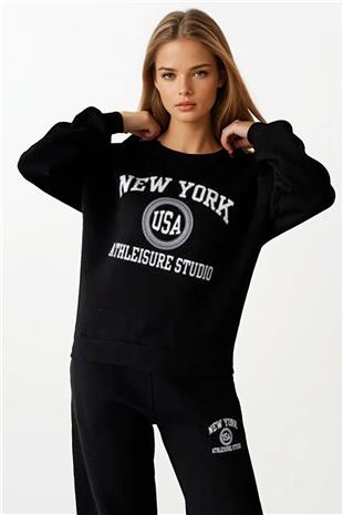 Kadın Siyah Baskılı Oversize Sweatshirt Ve Geniş Paça  3 İplik Eşofman Takım VS01403