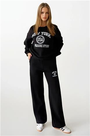 Kadın Siyah Baskılı Oversize Sweatshirt Ve Geniş Paça  3 İplik Eşofman Takım VS01403